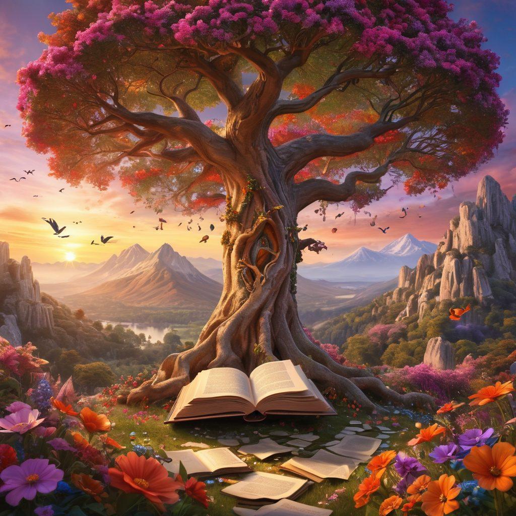 A whimsical scene where an adult reads a fantasy book under a towering ancient tree, surrounded by mythical creatures like fairies and dragons peeking through colorful flowers. The background features a dreamy landscape with mountains and a sunset sky filled with swirling colors. Emphasize a sense of wonder and imagination. vibrant colors. magical realism. 3D.