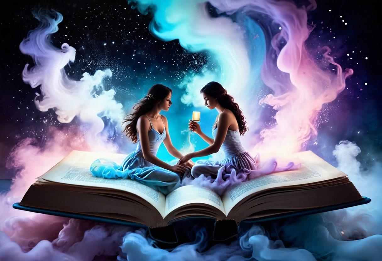 A captivating composition showcasing an open book surrounded by ethereal, swirling mists and whimsical imagery of couples entwined in sensual poses, symbolizing erotic fantasy. The background features soft, dreamlike pastel colors with hints of glimmering stars and moonlight. Artistic depictions of longing and passion intertwine with literary elements like quills and ink pots scattered throughout. The overall ambiance evokes a sense of intimacy and creativity. surrealistic. vibrant colors. soft focus.