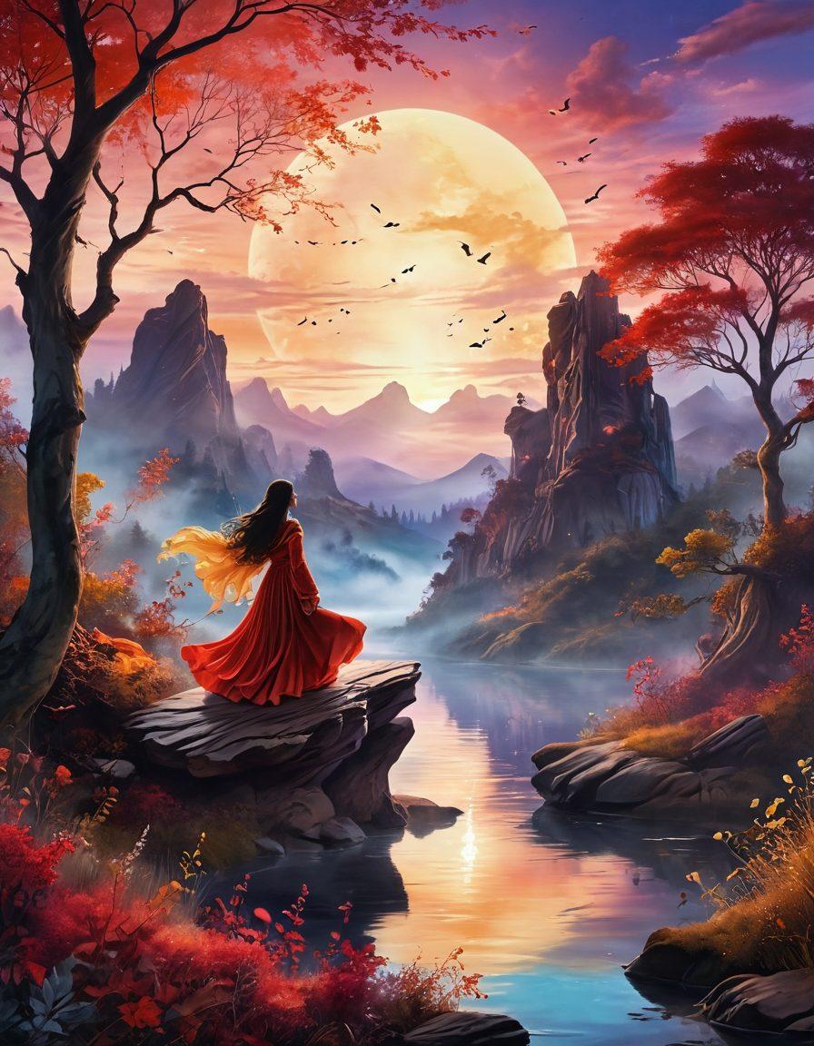 A captivating scene depicting an open book with vibrant illustrations of mystical landscapes and ethereal characters emerging from the pages, embodying elements of fantasy and sensuality. Subtle red and gold hues illuminate the surroundings, creating an alluring atmosphere that invites creativity and exploration. Soft, flowing fabrics and wisps of mist weave through the air, adding a touch of enchantment. The background features a dreamy twilight sky, invoking a sense of wonder and imagination. super-realistic. vibrant colors. ethereal mood.